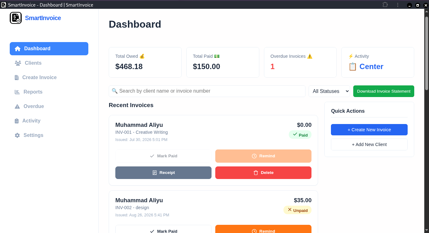SmartInvoice dashboard showing payment totals and recent invoices